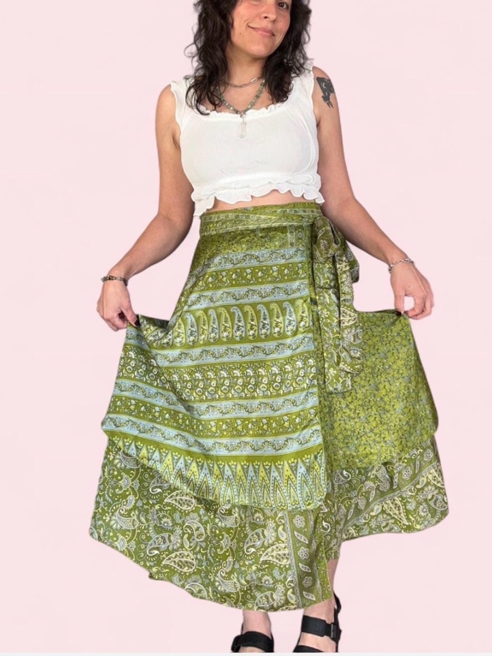 Green Printed Wrap Maxi Skirt - Boho Floral Pattern
